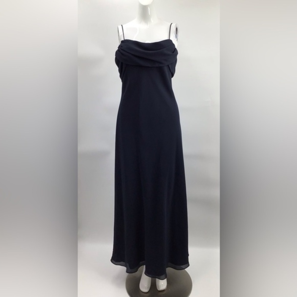 Betsy & Adam Draped Navy Blue Prom Evening Gown